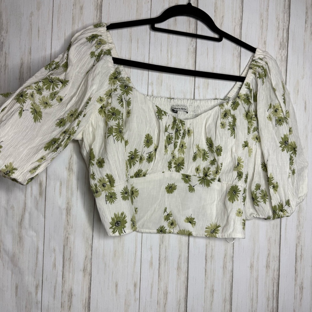 Abercrombie & Fitch Cream Floral Puff-Sleeve Crop Top XL